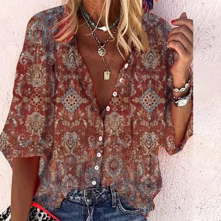 2024 New Women's Shirts & Blouses Fashion Vintage Printed Casual Vacation Bohemian Style Lady Single-breasted Shirt Streetwear