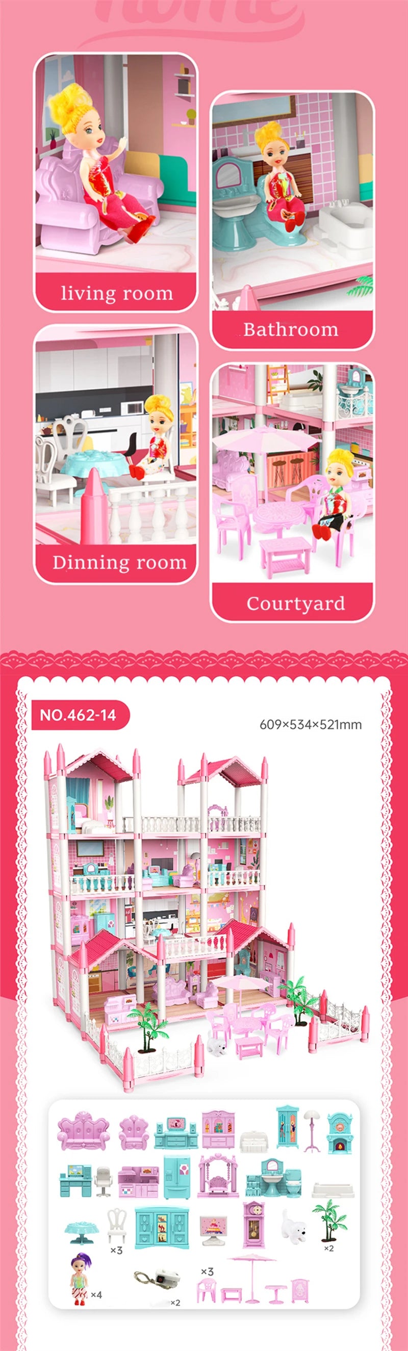 Girls Toddler Doll House - Large Doll House with 4 Dolls, Furniture, Accessories, LED Lights, 4 Stories Princess Dream House Toy.