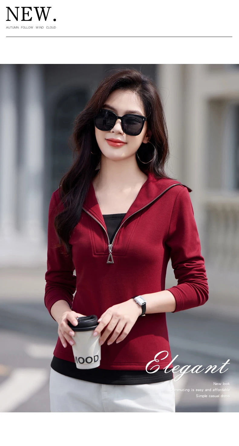 Fake two long sleeved T-shirts for women in autumn and winter, new fashionable plus size color blocked warm zipper lapel top.
