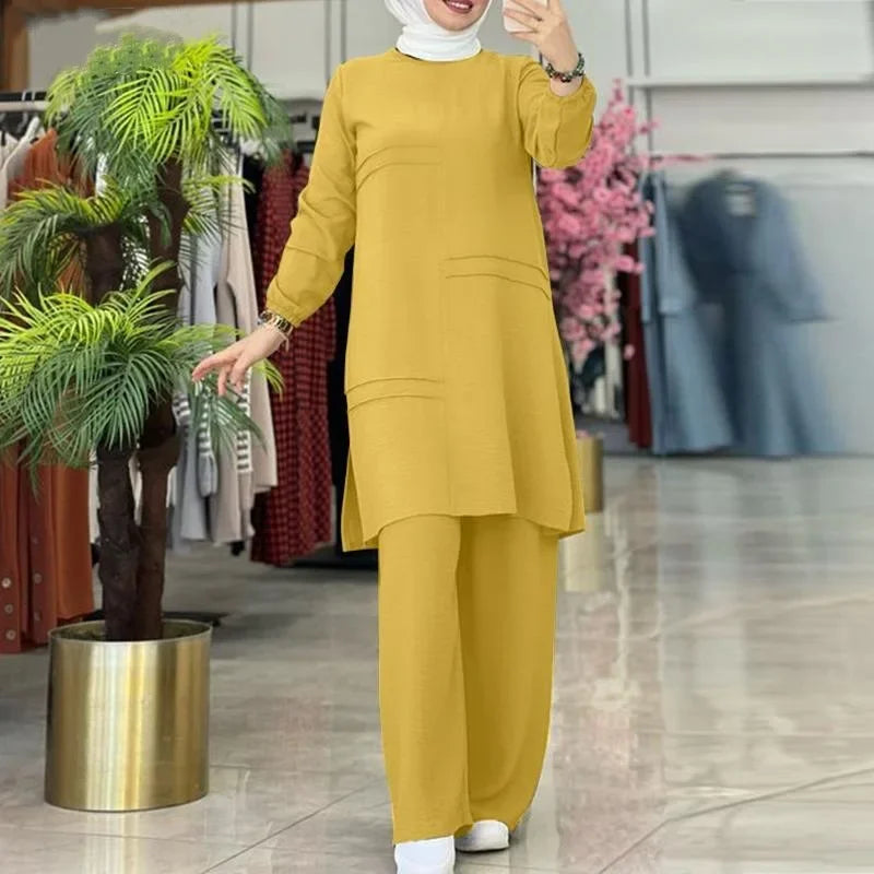 Ramadan Two Piece Sets Shirt Dress &Pants Women Muslim Suits Shirt Blouse Musulman Ensembles Moroccan Kaftan Islamic Dress Sets.