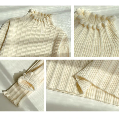 2025 Autumn Winter Women Half Turtleneck Fashion Wooden Ear Pullover Knitted Tops Long Sleeve O Neck Slim Warm Sweater Female.