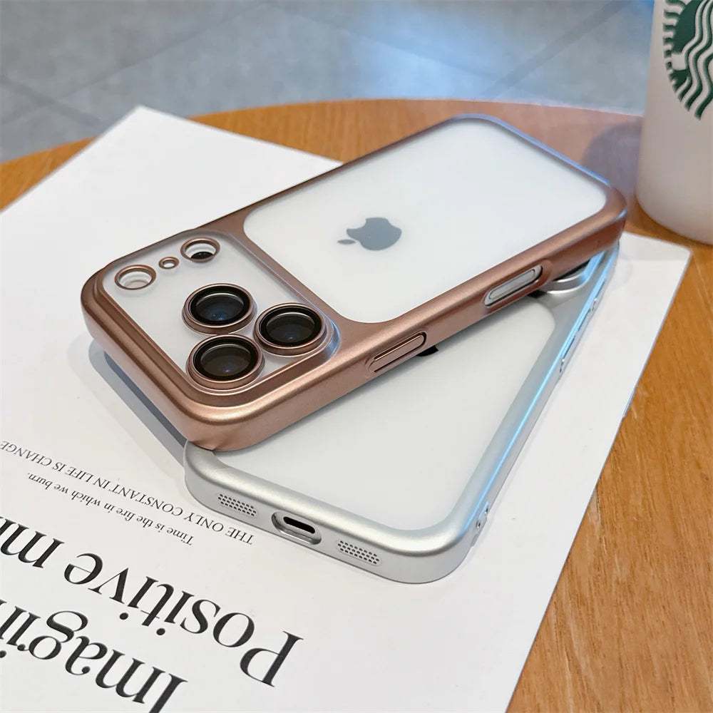 Luxury Frosted Transparent Matte Phone Case For iPhone 16 15 17 Pro Max Air Full Lens Protector Metallic Color Frame Armor Cover.