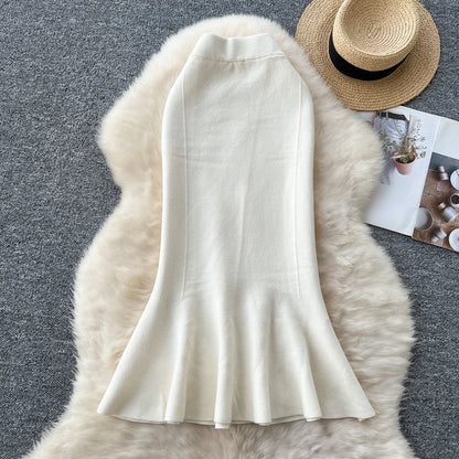 High Waisted Vintage Knitted Skirt Women Ruffled Slit Fishtail Office Midi Skirts Autumn Winter Woolen Skirt.