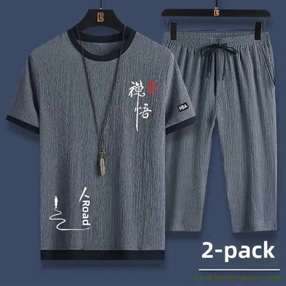 Summer Casual Ice Silk Short Sleeve T-Shirt Shorts Set for Men Fashionable Two-Piece Outfit Lightweight Sportswear Combo