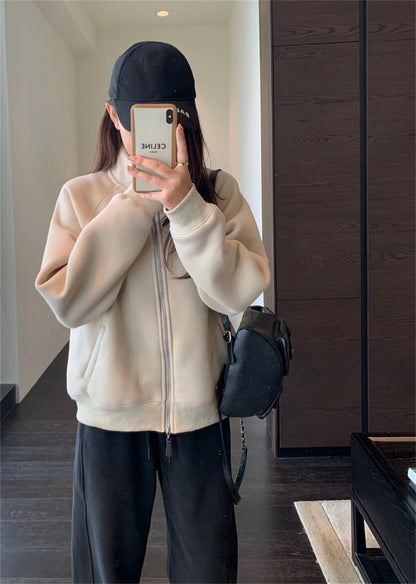 Women Autumn Winter Sweatshirt Coat Zip Up Solid Long Sleeve Stand Neck Jacket Lady Fashion Casual Street Vintage Coats Outwear