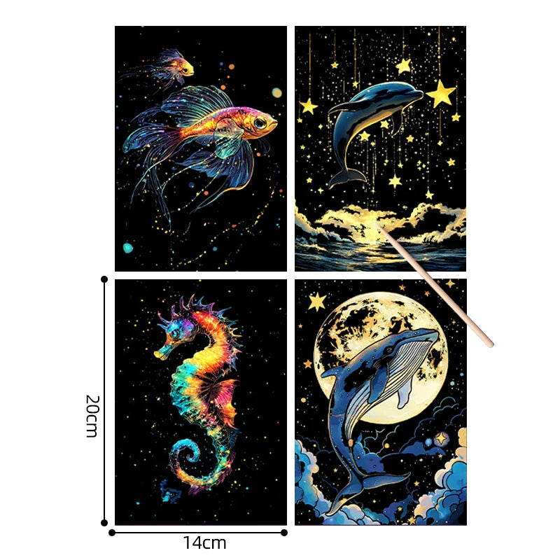 4PCS Glow in Dark Scratch Paper Animals Cards Magic Painting Art with Stylus Stress Relief Drawing Toy DIY Craft Kids Adult Gift