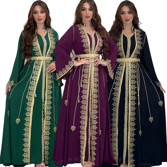 Eid muslimische Frauen Party Stickerei Kleider 2 Stück Set Jalabiya Ramadan Islam Vestidos arabische Robe Marokko Dubai Abayas Kaftan