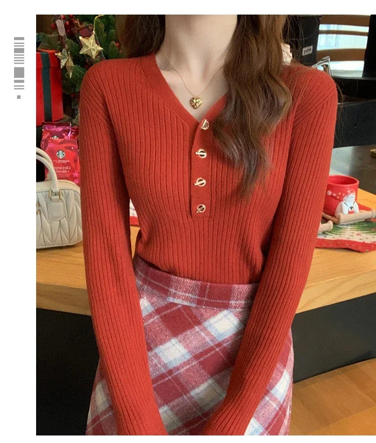2025 Autumn Winter Women Sweaters Casual Slim Button Knitted Pullover Sweater Femme Basic Solid Jersey Tops Fashion Clothes.