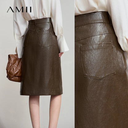 AMII Minimalist PU Leather Skirt For Women 2025 American Retro Knee-Length Skirt Solid Basics Business Women's Clothing 12553014.