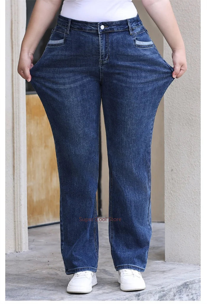 Plus Size Women Jeans 6XL Loose High Waisted Stretched 5XL Plus Size Female Denim Trousers Blue Girl Long Classic Straight Pants.