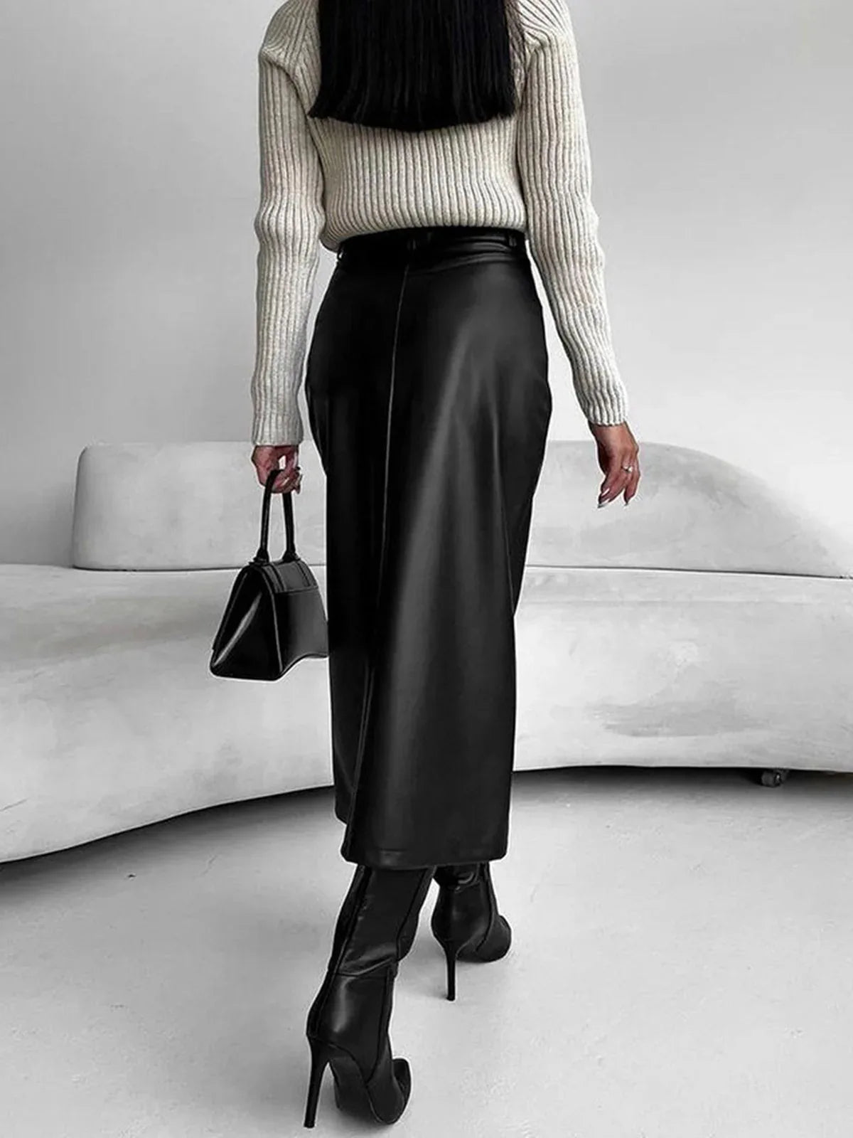 Leather Skirt High Waist Women Front Slit Spring Autumn Long Skirt High Waisted Office Lady Slim Skirts Elegant Ropa De Mujer.