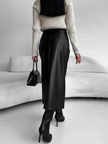 Leather Skirt High Waist Women Front Slit Spring Autumn Long Skirt High Waisted Office Lady Slim Skirts Elegant Ropa De Mujer.