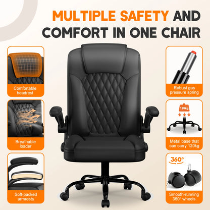 Daccormax Ergonomischer Stuhl, Premium-Leder-Bürostuhl mit weicher Polsterung, faltbare Armlehnen, höhenverstellbar für Zuhause