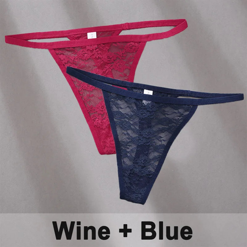 2PCS Sexy Lace Cotton Panties for Women G-String Underwear Perspective Thongs Solid Color Underpants Female Intimates Lingerie