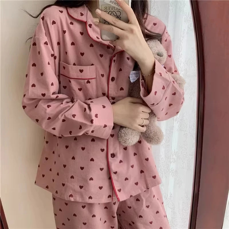 M-XXL Large Size Nightwear Women Sleepwear Autumn and Winter Cardigan Home Wear Peach Heart Long Sleeves School Silk Pajamas.