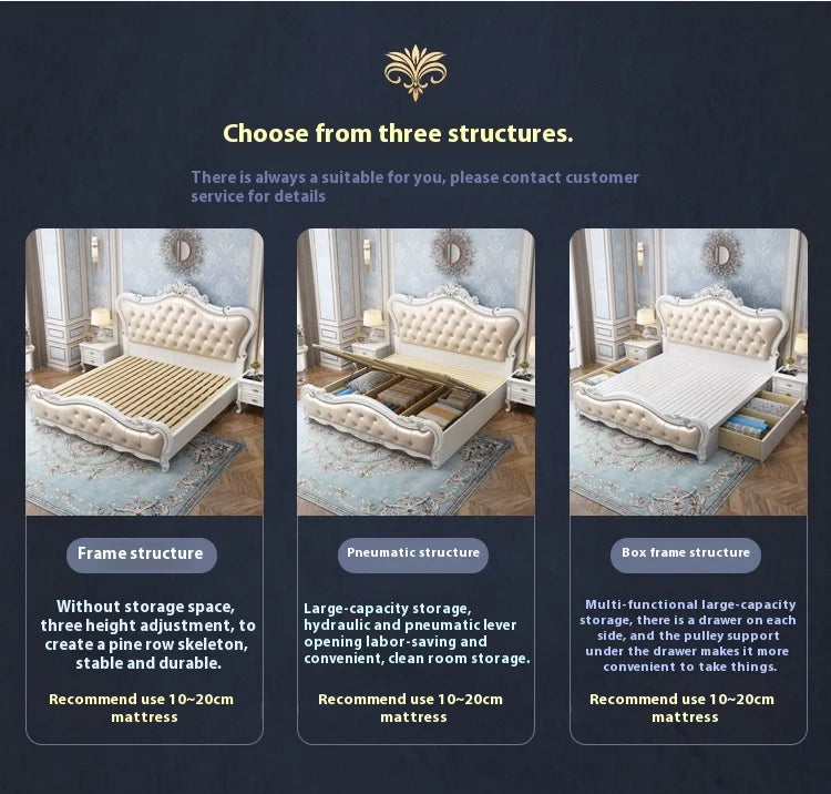 Europäisches Luxus-Doppelbett, modernes weißes King-Size-Doppelbett mit ästhetischem Rahmen, hochwertiges, schlafendes, beleuchtetes Deux-Tischmöbel für Schlafzimmer