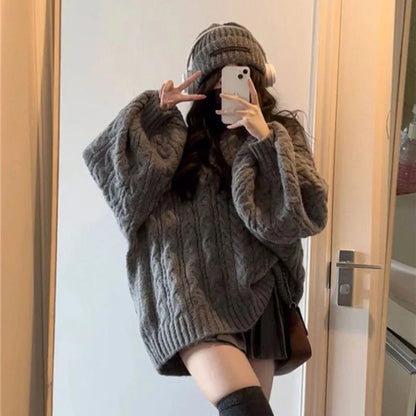 Herbst Winter Frauen Pullover Harajuku Übergroßen Gestrickte Pullover Koreanische Langarm V-ausschnitt Strickwaren Preppy Solide Lose Jumper