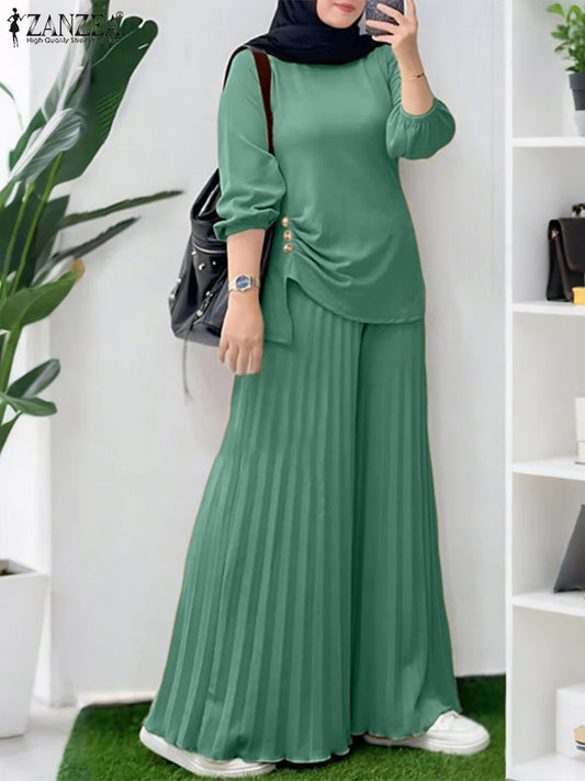 ZANZEA Muslim Women 2 Pieces Pant Sets Hijabis Casual Asymmetric Hem Long Sleeve Blouses & Pleated Pants 2pcs Suits Outfits.