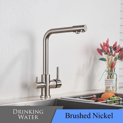 Filter Kitchen Faucet Chrome Drinking Pure Water Kitchen Tap Deck Mounted Dual Handles 3-Ways Hot and Cold Water Mixer