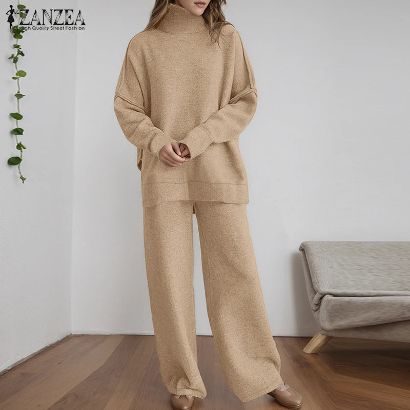 ZANZEA Gestrickte 2-teilige Hosen-Sets für Damen, lässig, lockerer Rollkragen, Langarm-Pullover und Hosenanzüge mit weitem Bein, tägliche Outfits