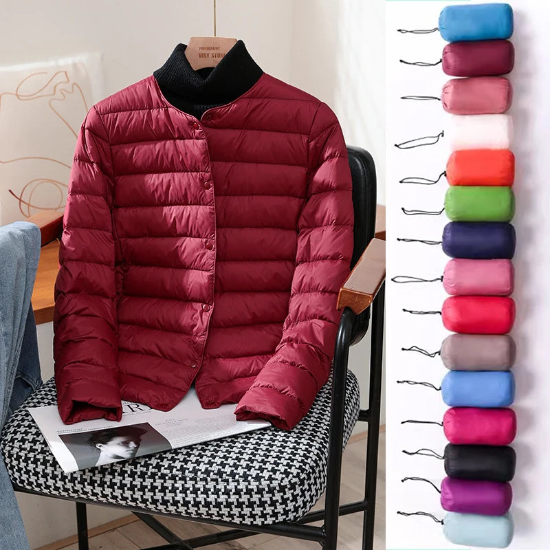 2023 neue Ankünfte Herbst Winter Warme Frauen Weiße Ente Unten Dünne Jacken Weibliche Mode Ultra Leichte Packbare Puffer Mäntel.