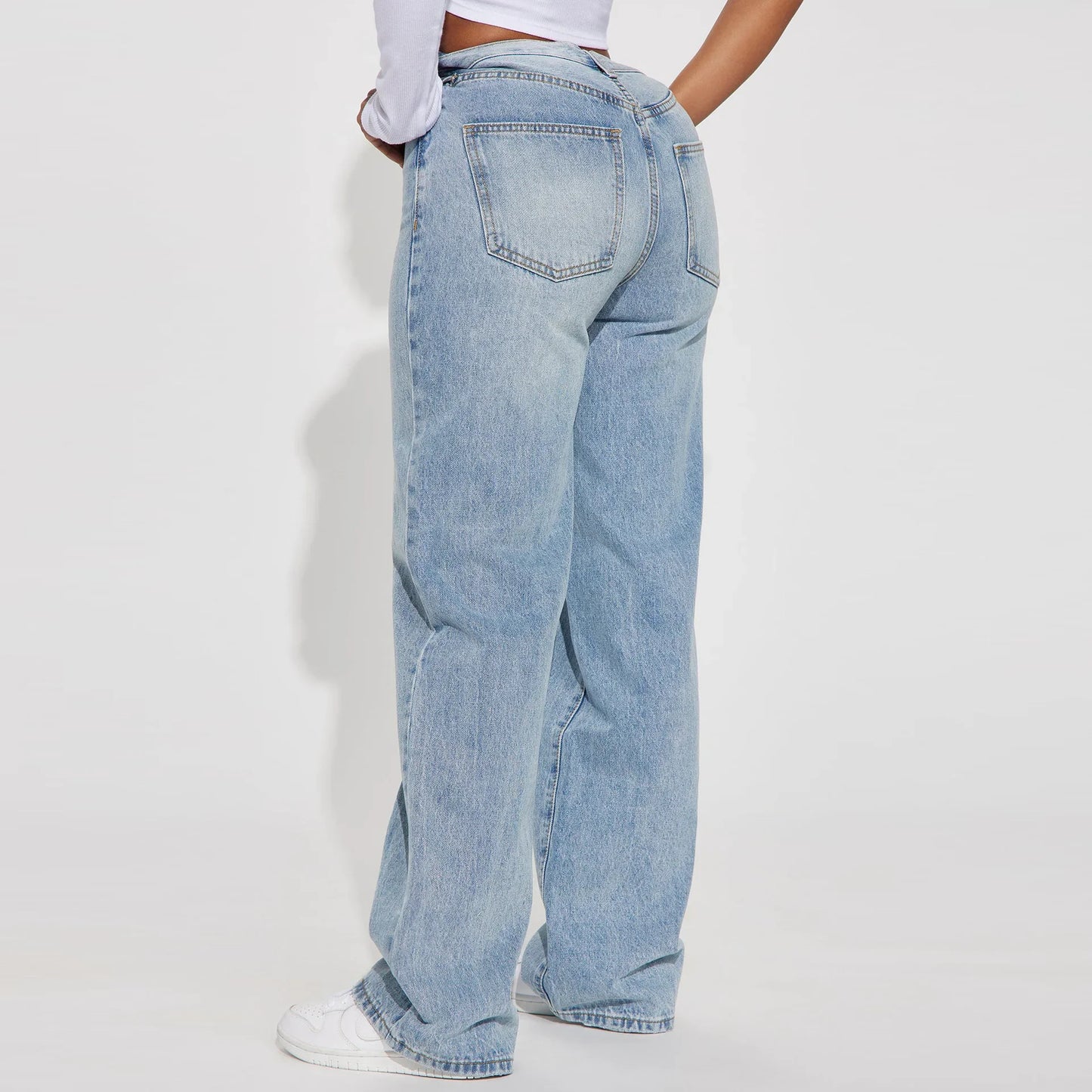 High Waist Straight Leg Women's Jeans Light Wash Casual Trousers Simple Style Cross-Border High Waist Straight Tube Jeans.