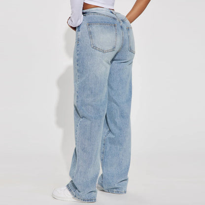 High Waist Straight Leg Women's Jeans Light Wash Casual Trousers Simple Style Cross-Border High Waist Straight Tube Jeans.