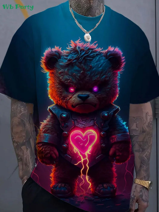 Vintage 3D Bear Men's Printed T-Shirt Summer Street Men's Short Sleeve Tee Fashion Round Neck Men's Top Oversized Men's T-Shirt.