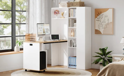 Klappbarer Schreibtisch mit Regalen – 2-in-1-Bücherregal und Schreibtisch, klappbar, mit Steckdose und USB-Anschluss, höhenverstellbare Regale