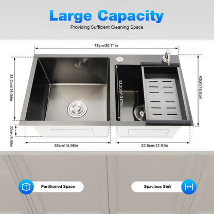Edelstahlspüle, moderne Küchenspüle, Black Diamond 7843PB, Doppelspüle, Abfluss + Seifenspender zum Reinigen von Geschirr und Gemüse