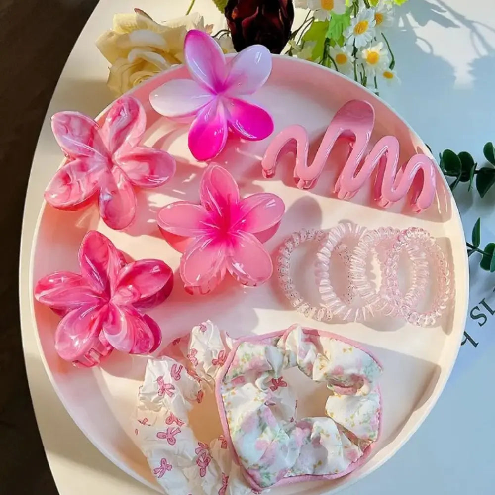 11pcs/Set Fashion Plumeria Hawaiian Hair Clamps Set Colorful Elastic Flowers Hair Clips Rubber Band Hair Rope Hair Accessories.