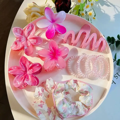 11pcs/Set Fashion Plumeria Hawaiian Hair Clamps Set Colorful Elastic Flowers Hair Clips Rubber Band Hair Rope Hair Accessories.