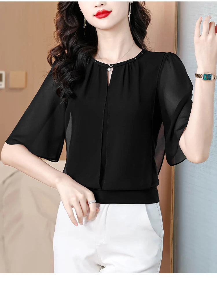 Summer Clothing Half Sleeve Chiffon Blouse 2025 New Fashion Loose Women Tops Solid Color Casual Pullovers Shirt.