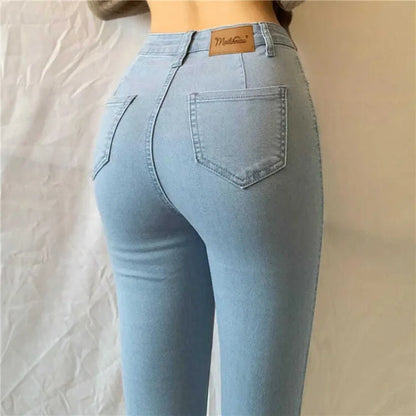 High Waist plus Size Denim Jeans Women's Tight Fit Butt Enhancing Pencil Pants New Arrival Light Blue Casual Long Trousers.