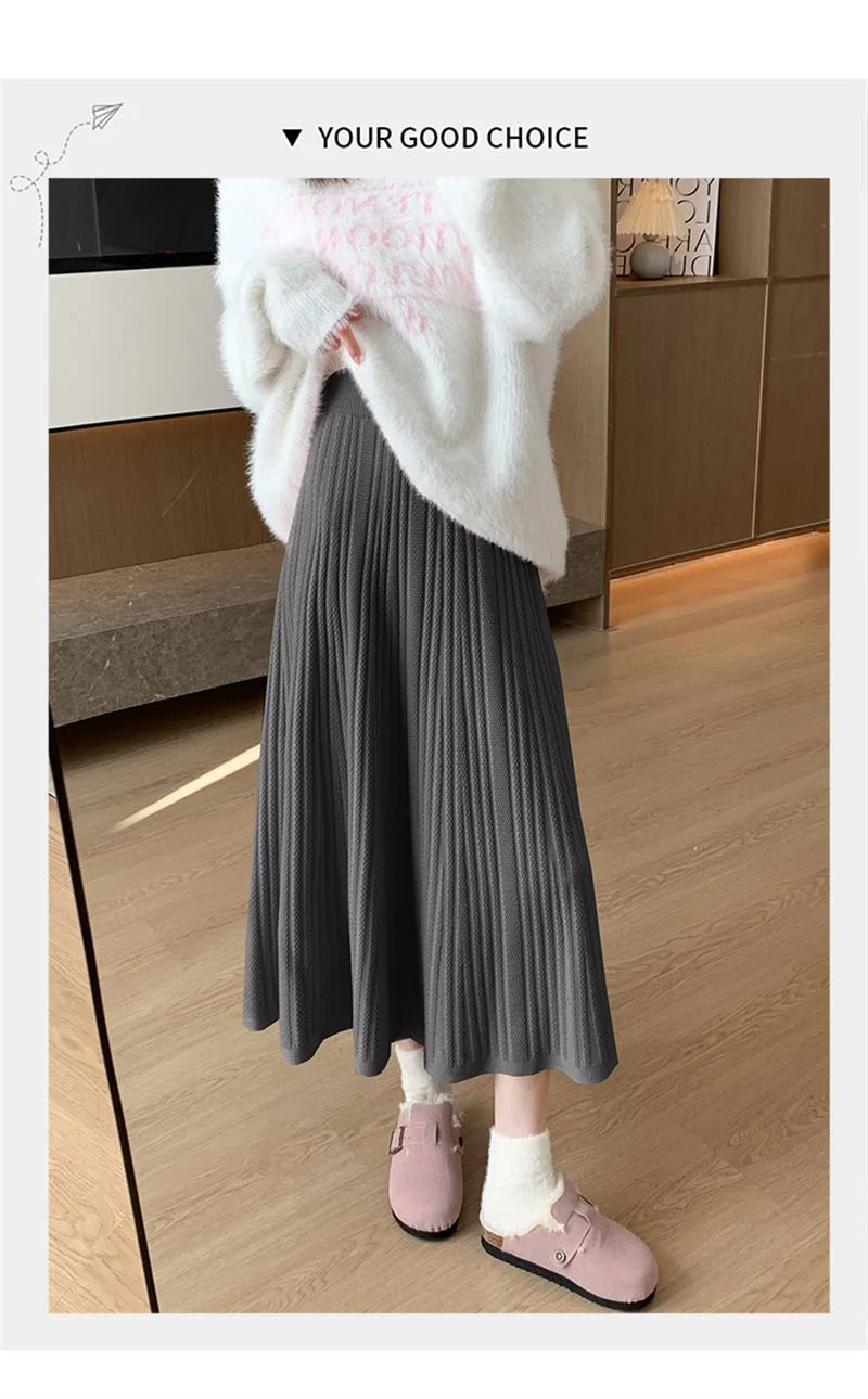 Sweet Vintage Knitted Long Skirts Women Preppy Style High Waist Loose A Line Skirts Fall Winter Retro Simple Elegant Long Skirts.