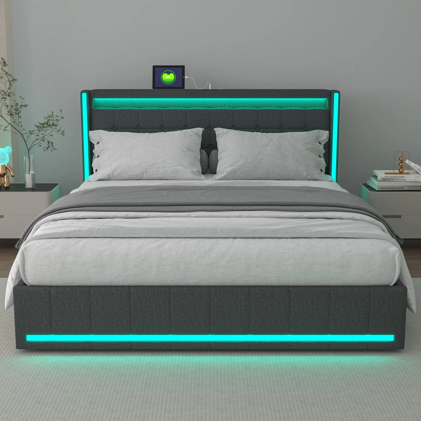 Lazyspace Leinen-Polsterbett mit 4 Schubladen, moderner Doppelbettrahmen mit LED-Beleuchtung und USB-Ladeanschluss, funktionelles Bett