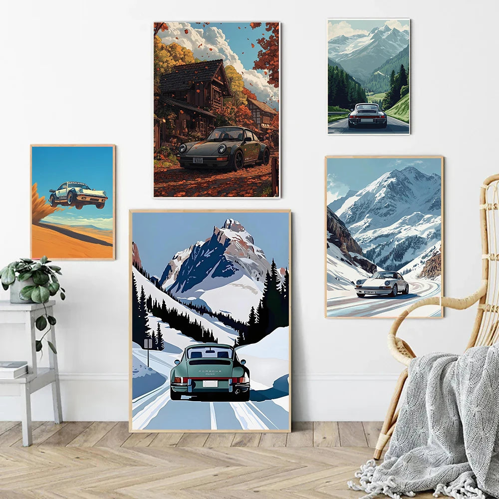 Classic Porsche 911 Alpine Drive Poster Retro Alpine Trip Cartoon Prints Canvas Painting Wall Art Picture Home Living Room Decor.