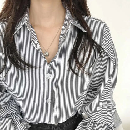 oose Stripe Women Shirts 2025 Fashion Lapel Collar Long Sleeve Shirt Elegant Classic Top.