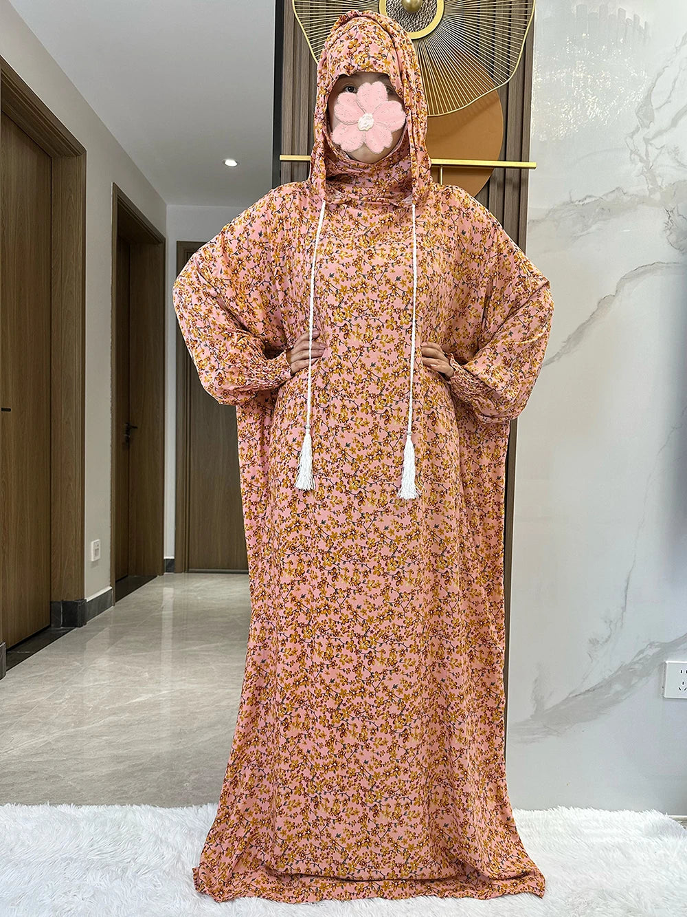 New Ramadan Muslim Two Hats Abaya Dubai Turkey Islam Prayer Clothes Floral Cotton Long Dress Islam Women Dress Kaftan