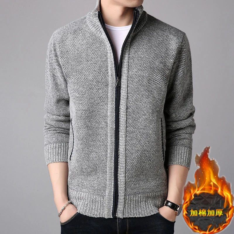 New Men's Casual High Collar Long Sleeve Knitted Top with Velvet Warmth for Autumn and Winter Fashion Multi Functional Jacket