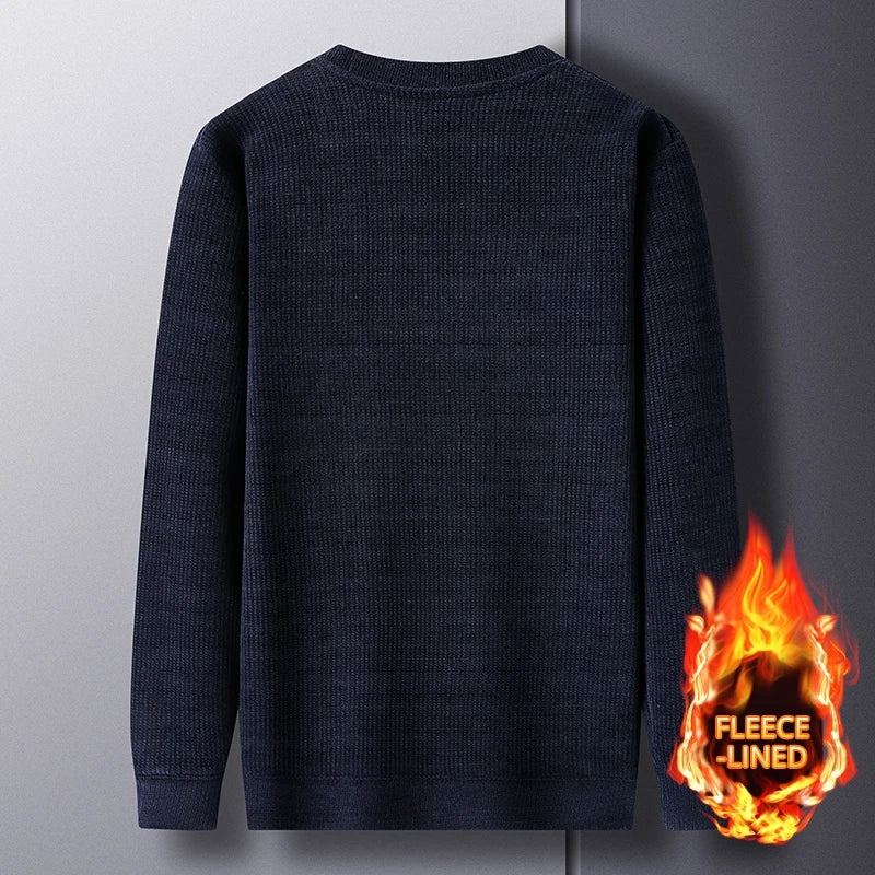 Fleece-Lined Knitted Pullover Sweater Casual Jumper for Men Insulated Warm Long Sleeve Thick Material Round Neck Design.