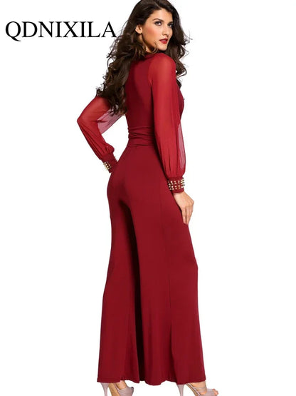 New In Spring Summer Women's Jumpsuit Black V-neck Mesh Splicing Straight One-piece Female Jumpsuit Sexy Streetwear Clothes.