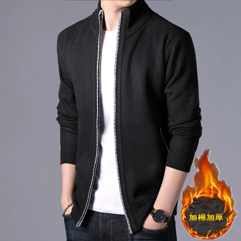 New Men's Casual High Collar Long Sleeve Knitted Top with Velvet Warmth for Autumn and Winter Fashion Multi Functional Jacket