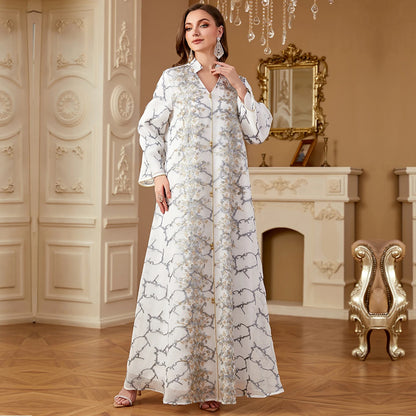 Uni Ramadan Dubai Woman’s Abayas Embroidered Sequin Floral Patter V-Neck Elegant Casual Kebaya Muslim Moroccan Long Dress.