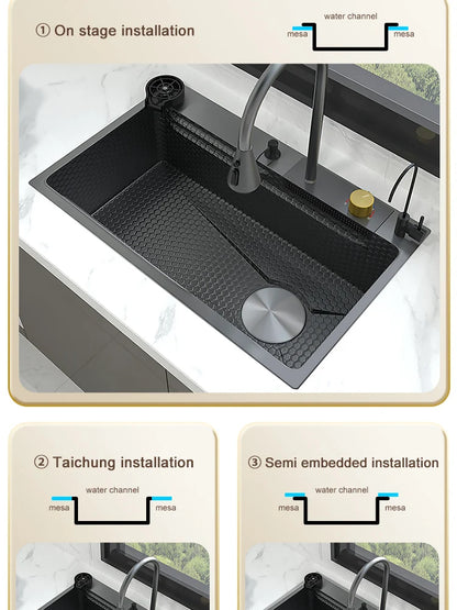 Waterfall Sink Kitchen Stainless Steel Topmount Sink Embossed Large Single Slot Wash Basin With Multifunction Tank Low Price
