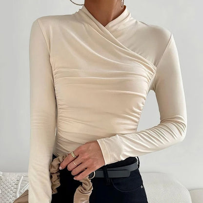 Sexy Elegant Fall Winter Long Sleeve Cross Pleated Pullover Women's Modal Solid Color Irregular Tops Street Daily Versatile Tees.