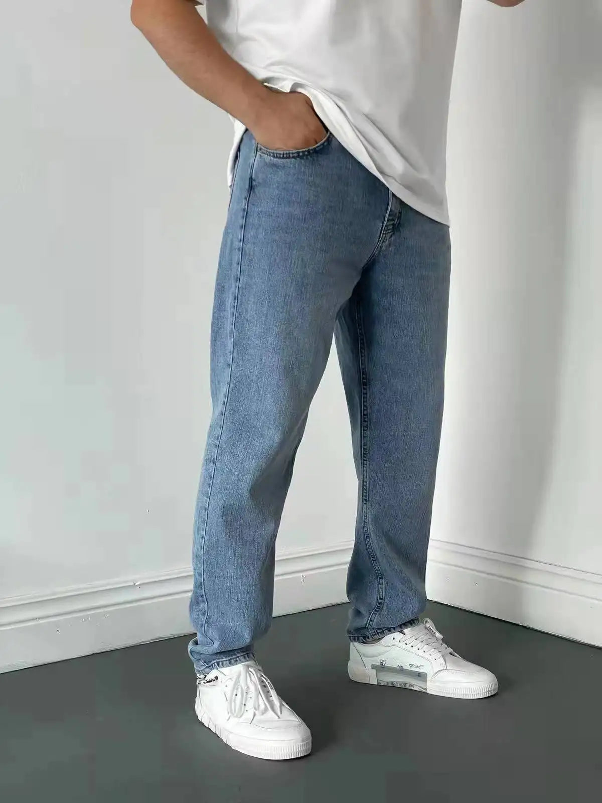 Men Comfortable Straight Casual Jeans Male Soft Baggy Outside Denim Pants Classic Elastic Waist Solid Office Work Denim Trousers.