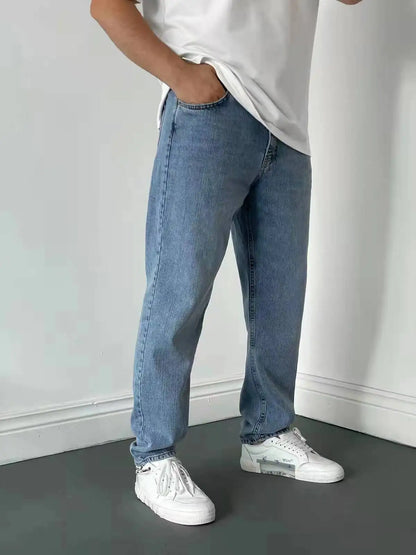 Men Comfortable Straight Casual Jeans Male Soft Baggy Outside Denim Pants Classic Elastic Waist Solid Office Work Denim Trousers.