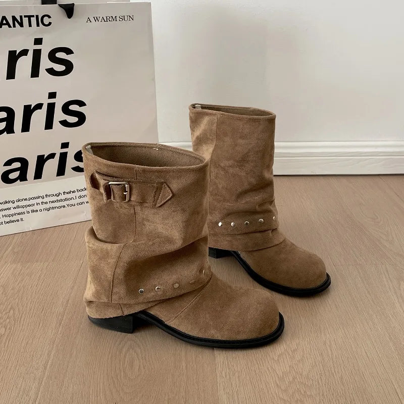 Winter Pleated Women Western Ankle Boots Fashion Rivet Belt Buckle Shoes Ladies Concise Vintage Thick Heel Short Booties