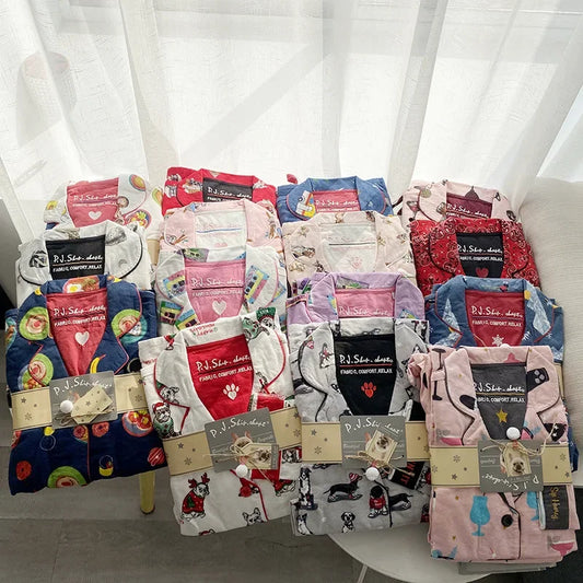 2025 New Pajamas Suit Cotton 2 Piece Set Women Print Cartoon Nightwear Long Sleeve Trousers Set Autumn Loungewear Home Clothes.